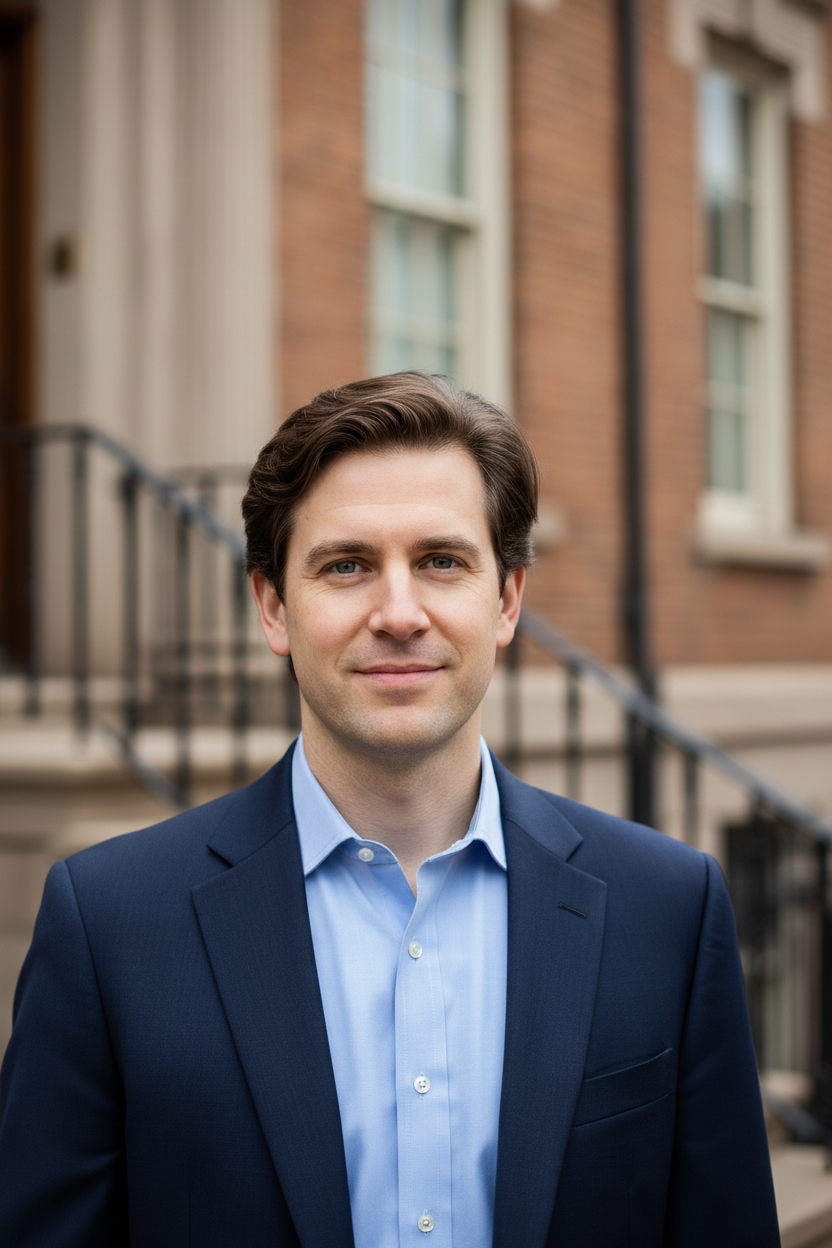 Headshot of a white male with brown hair, make the background a townhouse, show him from mid-chest up. Make him faintly smiling