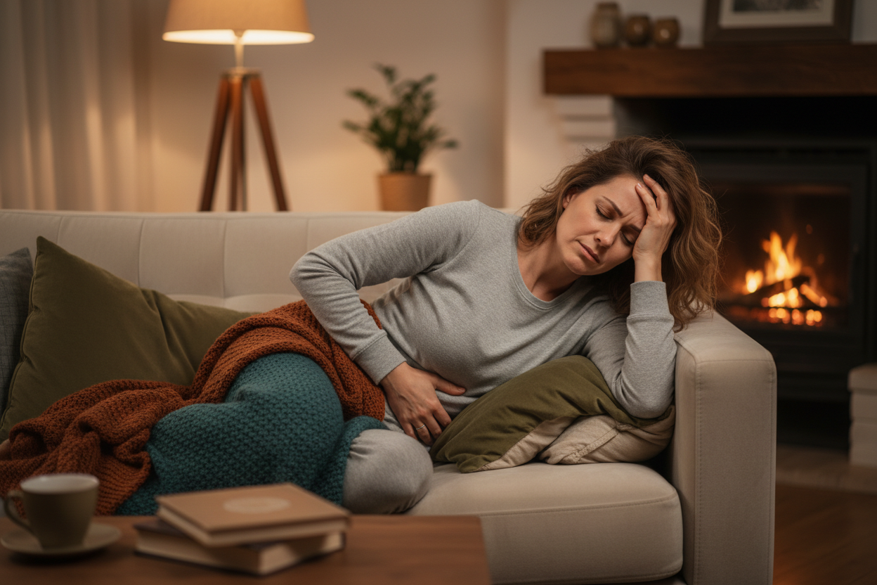 woman laying on the couch with gut pain and a headache
